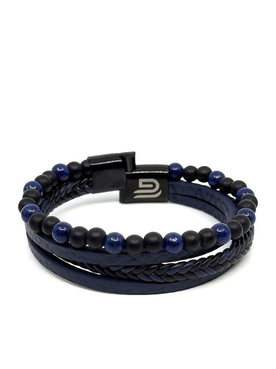 Blue Leather Bracelet Stainless Steel Volcanic Stones