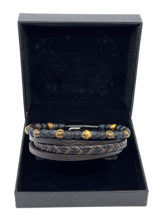 Brown Leather Bracelet Stainless Steel Volcanic Stones