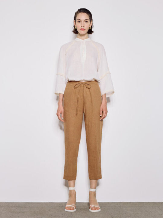Damen Stoff Capri Hose mit Gummizug Choco