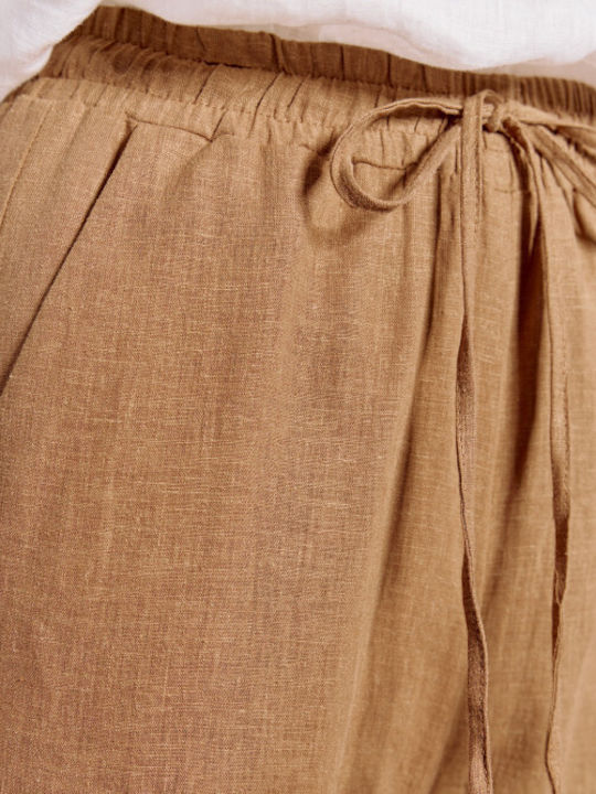 Damen Stoff Capri Hose mit Gummizug Choco