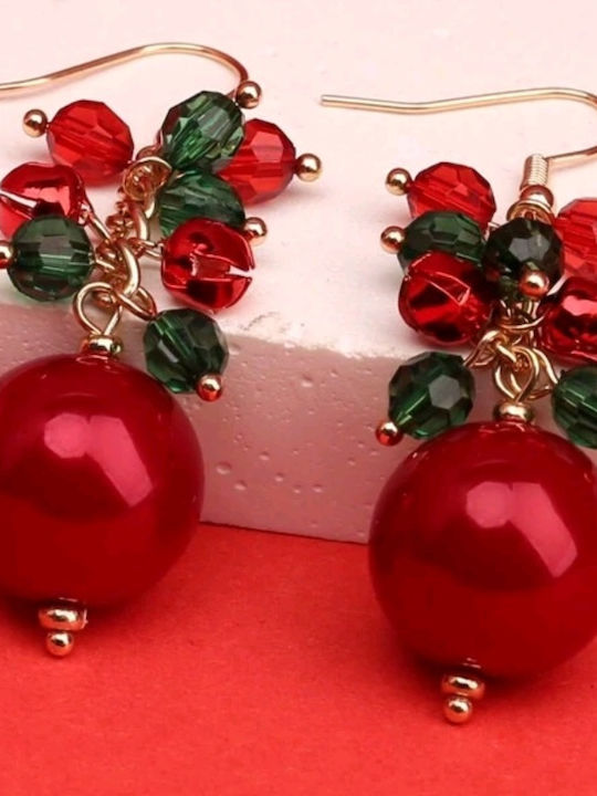 Tatu Moyo Handmade Christmas Gold Plated Metal Earrings Red Ball Red-Green Stones 6cm