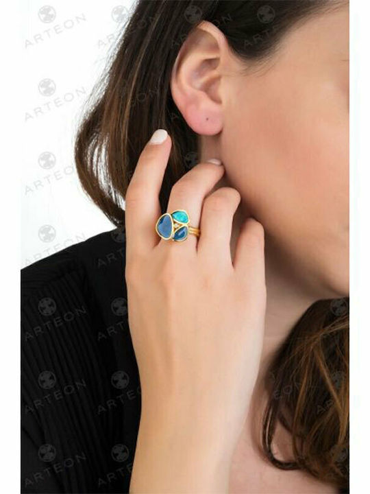 Damen Silber Vergoldetes Ring Mit Steinen 925° Blau & Türkis Emaille