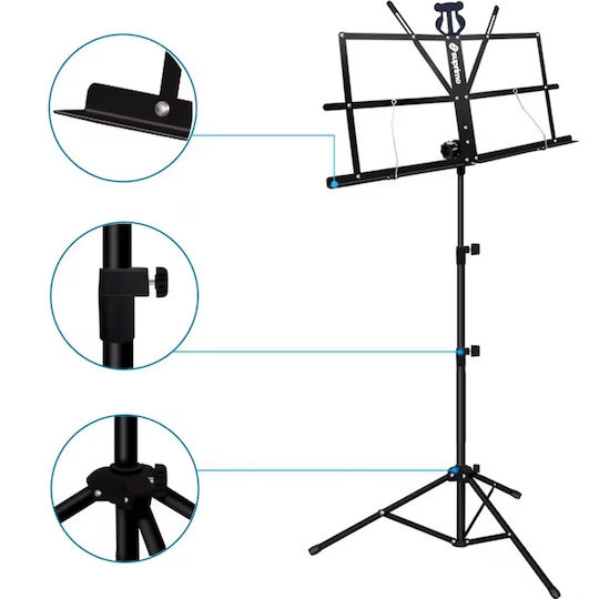 Suprimo D1 Music Stand Sheet Holder Tripod Adjustable Foldable Cover Set 65-130 Cm Up To 12 Kg Storage Bag Πτυσόμενο Τρίποδο Αναλόγιο Μουσικής Παρτιτούρες Θήκη Μεταφοράς