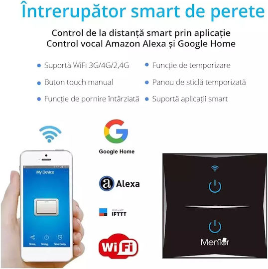 Încastrat Comutator de Perete Wi-Fi Iluminat Dublu cu Cadru Negru