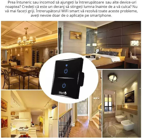 Încastrat Comutator de Perete Wi-Fi Iluminat Dublu cu Cadru Negru