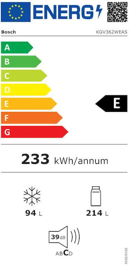 Bosch Ψυγειοκαταψύκτης 308lt Υ186xΠ60xΒ65εκ. Λευκός KGV362WEAS