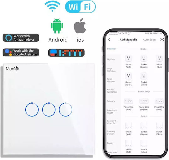 Comutator De Perete Electric Încastrat Tactil Wi-Fi Triplu Cu Ramă Mediu Alb
