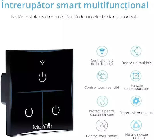 Comutator De Perete Electric Încastrat Tactil Wi-Fi Triplu Cu Ramă Comutator De Perete Electric Negru
