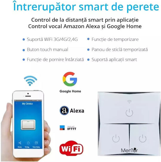Comutator De Perete Electric Încastrat Tactil Wi-Fi Triplu Cu Ramă Mediu Alb