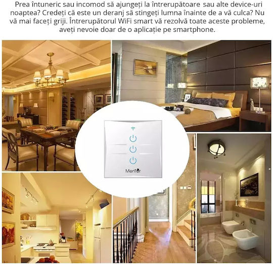Comutator De Perete Electric Încastrat Tactil Wi-Fi Triplu Cu Ramă Mediu Alb