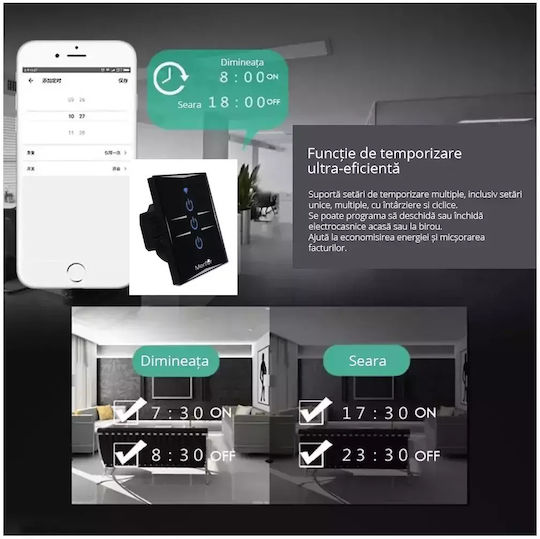 Comutator De Perete Electric Încastrat Tactil Wi-Fi Triplu Cu Ramă Neagră