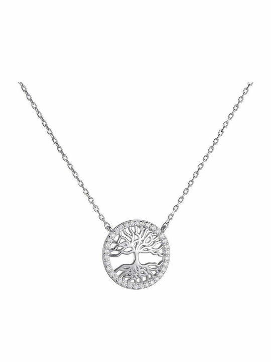 Silver 925 Jewelry Set Necklace Tree Of Life White Zircon Stones Perimeter & Earrings Set-22084w