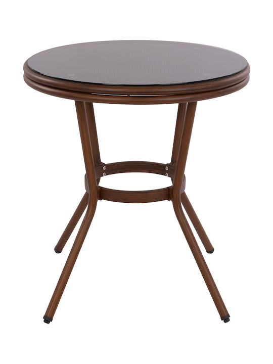 Moses Outdoor Dinner Free Standing Table with Glass Surface and Aluminum Frame Brown 70x70x76cm