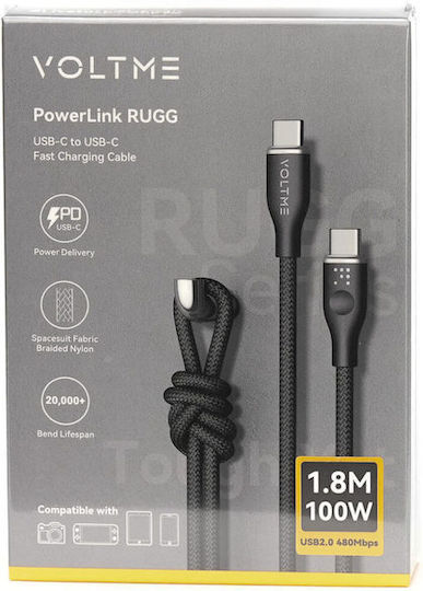 Voltme Braided USB 2.0 Cable USB-C Male - USB-C 100W PD Black 1.8m