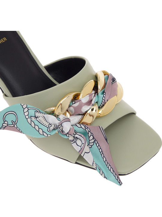 Mules with Thin High Heel in Green Color