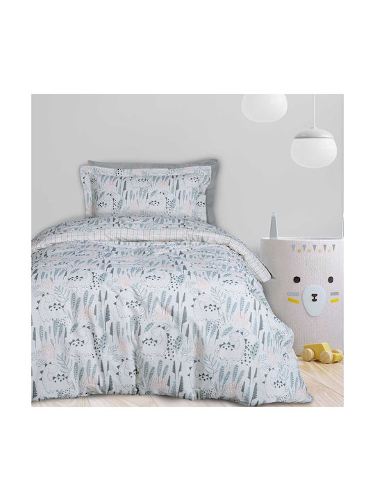Das Home Happy Dino Set Kids Duvet Cover Single with Pillowcase Green-salmon-grey 160x240cm