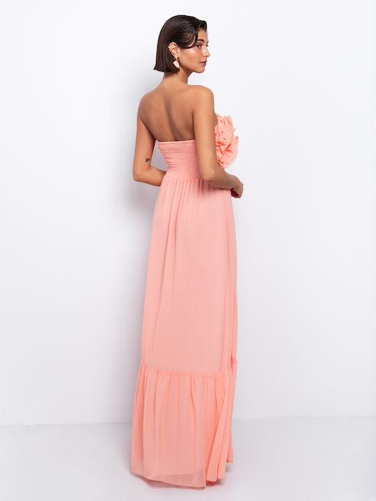 Καλοκαιρινό Maxi Φόρεμα για Γάμο / Βάπτιση Strapless Ροδακινί
