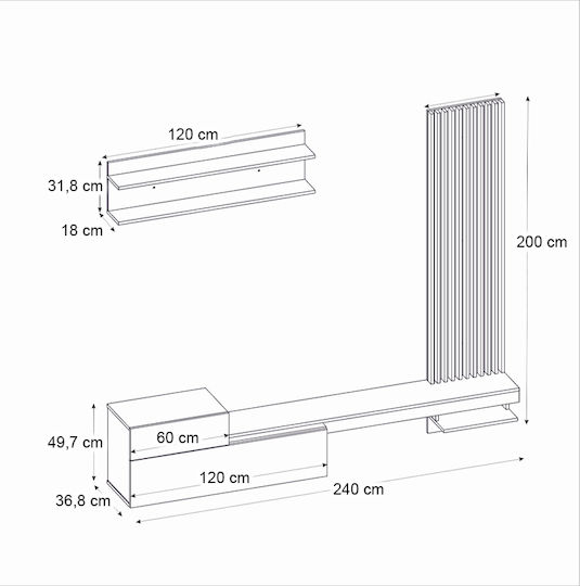 Unitate TV pentru sufragerie Dumont Anthracite - Sepet Oak L240xA36.8xÎ200cm
