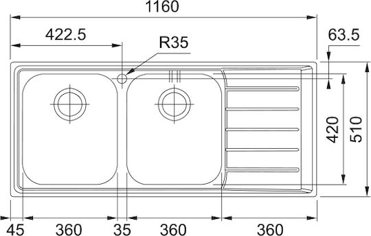 Franke Nex 621 Drop-In Rechts Inox 116x51cm Silber Franke Nex 621 Drop-In Rechts Inox 116x51cm Silber