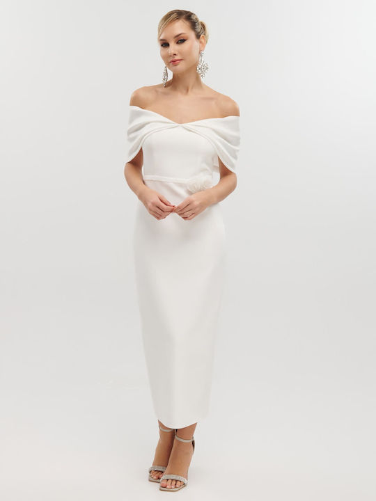 Midi Dress for Wedding / Baptism Satin Off-Shoulder White