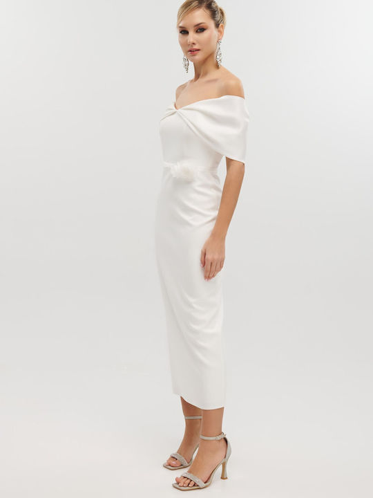 Midi Dress for Wedding / Baptism Satin Off-Shoulder White