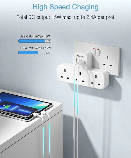 Tessan Πολύπριζο 5 Θέσεων με 2 USB-A και USB-C Αγγλίας (Type G)
