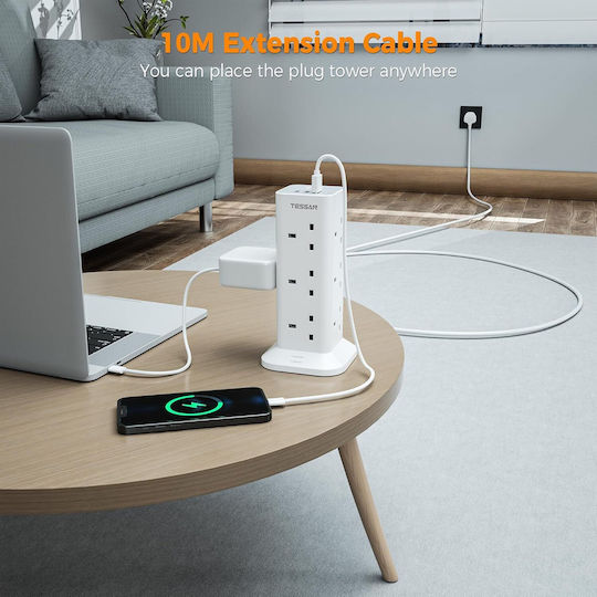 Tessan Πολύπριζο 12 Θέσεων με 3 USB-A, Διακόπτη και Καλώδιο 2m