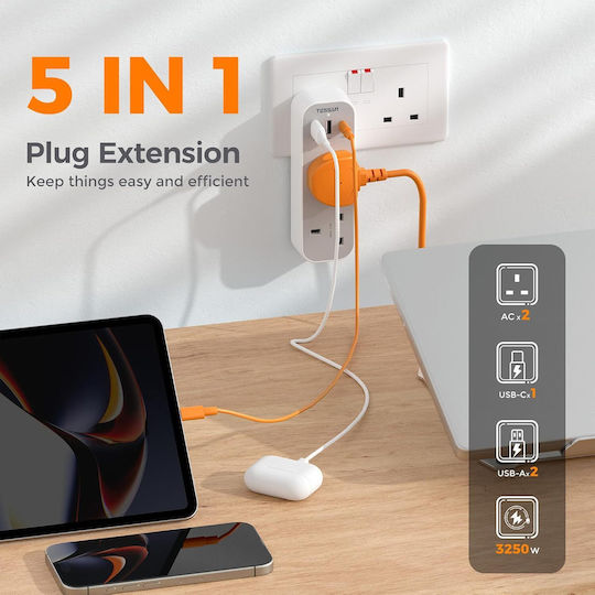 Tessan Un singur soclu 2 Prize cu 2 USB-A, 1 USB-C și Comutator