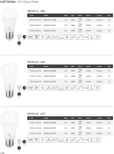 VK Lighting Bec LED 18W 133mm pentru Soclu E27 și Formă A60 Alb rece 2000lm