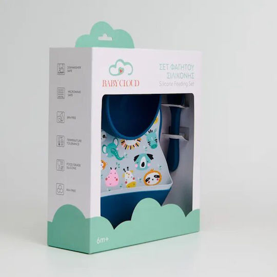 Baby Cloud Feeding Set Animals made of Silicone with Non-Slip Base Blue 4pcs for 6+ months
