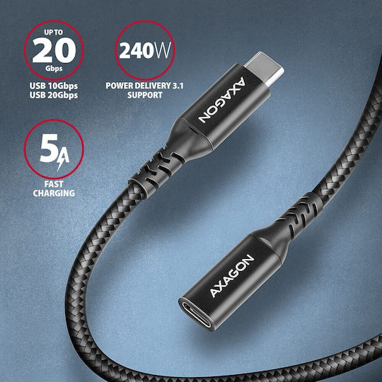 Axagon Geflochtenes USB 2.0 Kabel USB-C männlich - USB-C-Buchse 240W Power Delivery Schwarz 0,5 m BUCM32-CF05AB