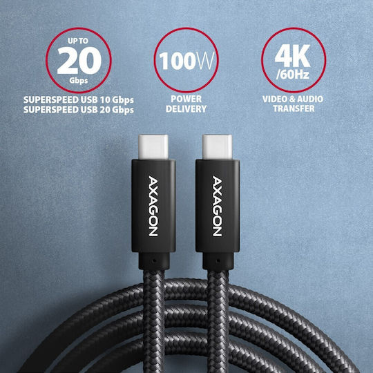 Axagon Braided USB 3.1 Cable USB-C Male - USB-C 100W PD Black 1.5m