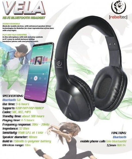 Rebeltec Vela Wireless / Wired Over Ear Headphones with 6 hours of Operation Black