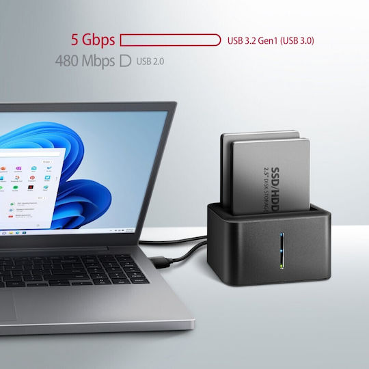Axagon Докинг Станция За 2 Твърди Диска SATA 2.5" С Връзка USB 2.0 / USB 3.0 / USB 3.1 (ADSA-D25)