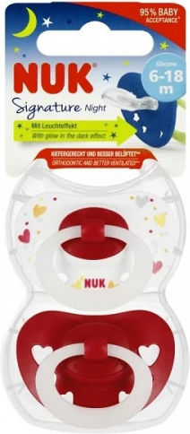 Nuk Signature Orthodontic Pacifiers Silicone Night with Case red/white for 6-18 months 2pcs