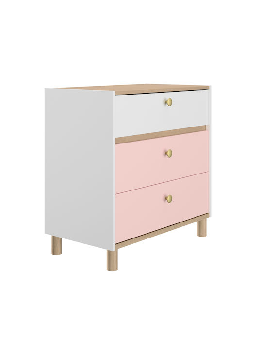 Kids Chest of Drawers White / Pink / Blond Oak with 3 Drawers 81x45x82cm