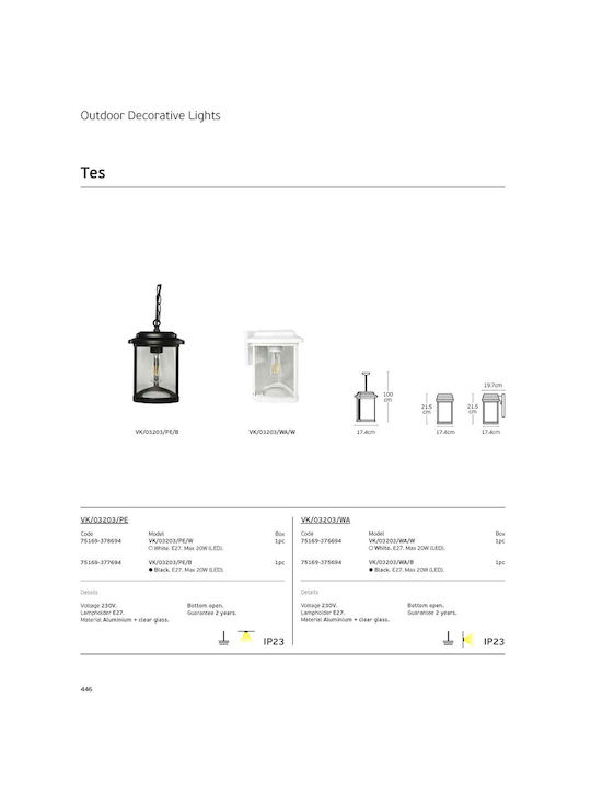VK Lighting Hängende Deckenleuchte für den Außenbereich E27 in Weiß Farbe 75169-378694