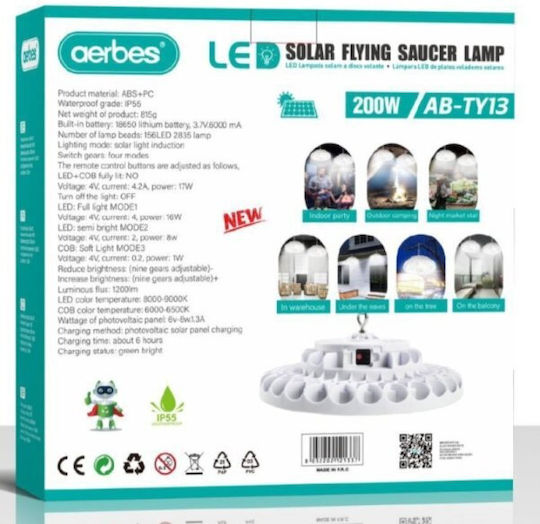 Aerbes Hanging Solar Light 200W Cold White 6500K with Remote Control IP55 36cmx13cmx29cmcm