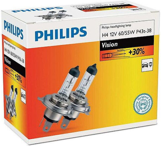 Philips Lampen Auto Vision H4 Halogen 3200K Warmes Weiß 12V 60W 2Stück