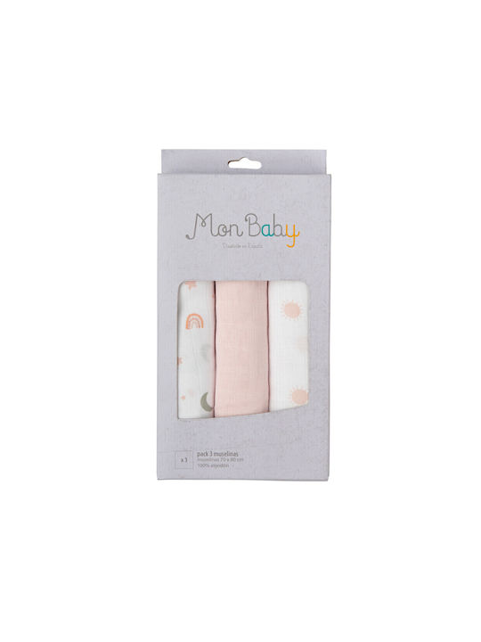 Bimbidreams Pink Rainbows Swaddle Blankets Made of Pink Muslin 80x80cm 3 Pieces