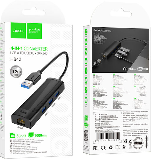 Hoco HB42 Easy Hub 4 Ports USB 3.0 with USB-A Connection / Ethernet