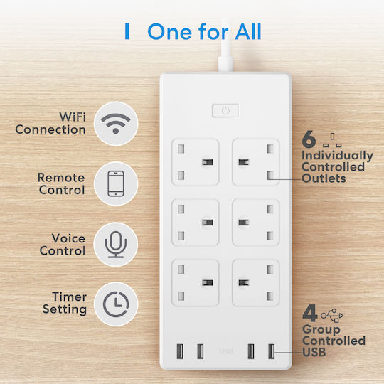Meross Smart Πολύπριζο 6 Θέσεων με 4 USB-A και Διακόπτη