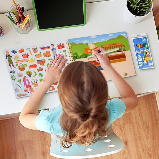 Carte De Colorat Anti-Stres Educațională Pentru Copii Tip Caiet Spiralat 600+ Autocolante Reutilizabile 13 Scene 14 Pagini Cu Imagini De Colorat Și Desen
