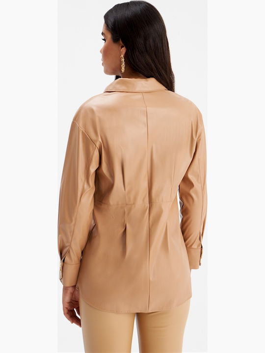 Women's Leather Long Sleeve Shirt Hazelnut