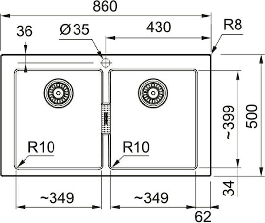 Franke Sirius 620-35-35 Ένθετος από Συνθετικό Γρανίτη Μ86xΠ50cm