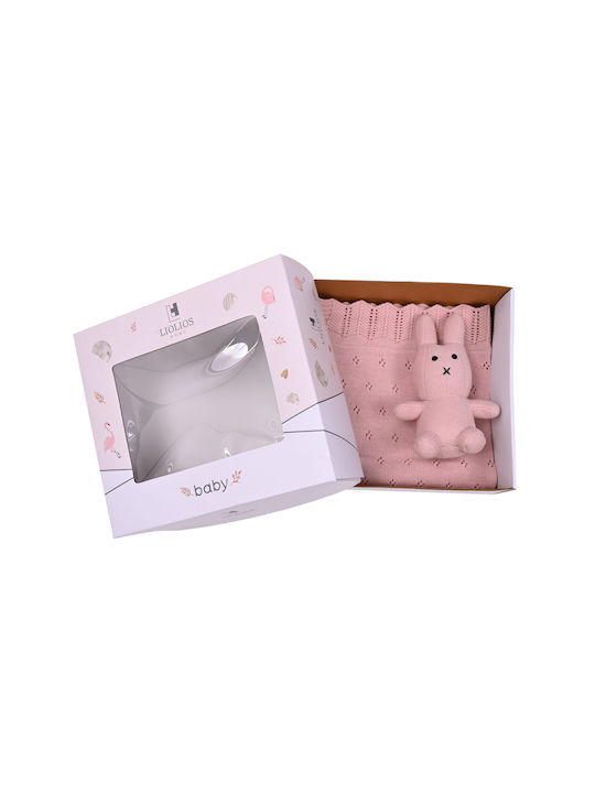 Liolios Home Κουβέρτα Αγκαλιάς & Λίκνου Βαμβακερή Ροζ με Ζωάκι 80x100εκ.