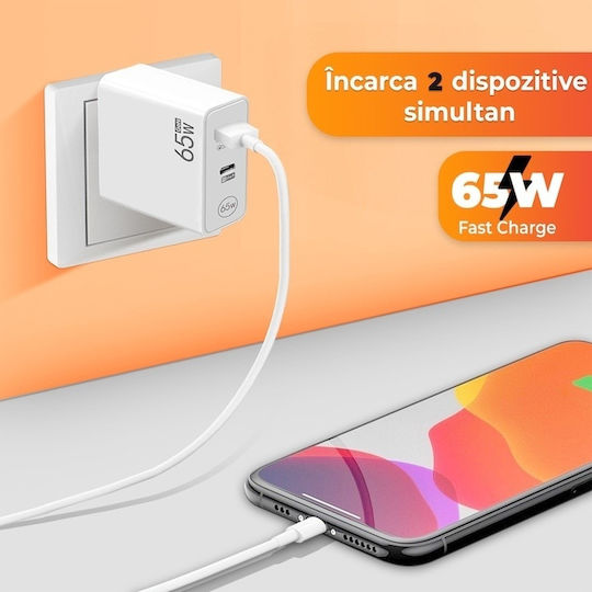 Încărcător Fără Fir Cu Port USB-A Și Port USB-C 65W Livrarea Energiei Alb