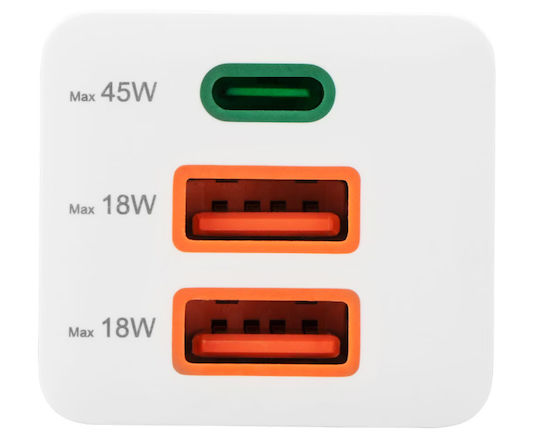 HAMA Charger with Built-in Cable GaN with USB-A Port and 2 USB-C Ports 45W Power Delivery Whites (00201995)