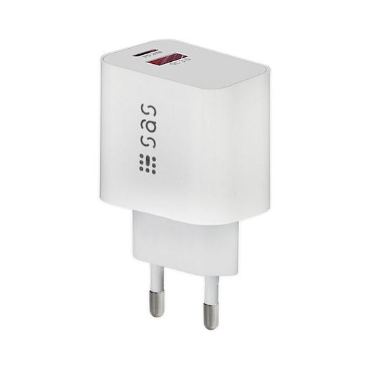 SAS Φορτιστής Χωρίς Καλώδιο με Θύρα USB-A και Θύρα USB-C 20W Power Delivery / Quick Charge 3.0 Λευκός (100-15-174)