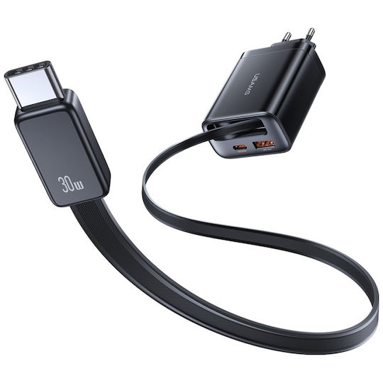 Usams Ladegerät mit integriertem Kabel GaN mit USB-A Anschluss und USB-C Anschluss USB-C 30W Stromlieferung Schwarzs (CC296)